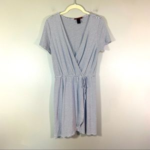 BKE Red | Black & White Striped Faux Wrap Midi Dress